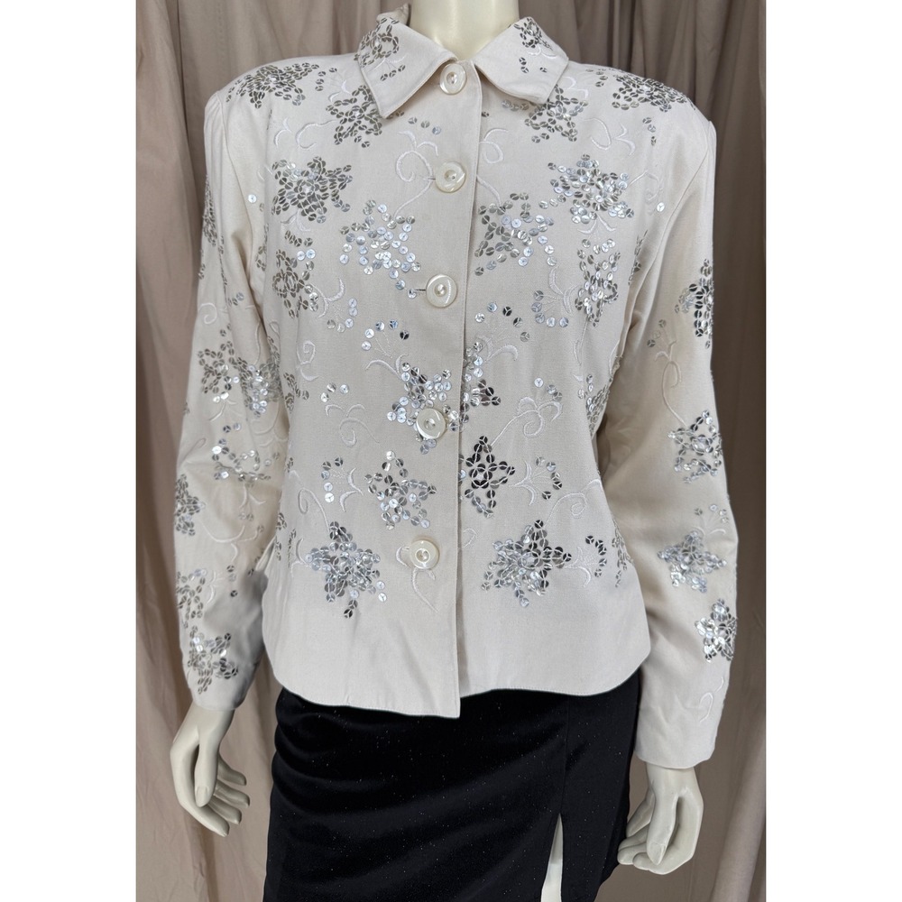 Vintage Bala Bala 100% Silk Sequin Blazer L Ivory Embroidered Floral Jacket